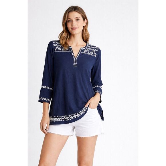 Lucky Brand Tops - Lucky Brand Boho Embroidered Navy Tunic Top XS 3/4 Sleeve
